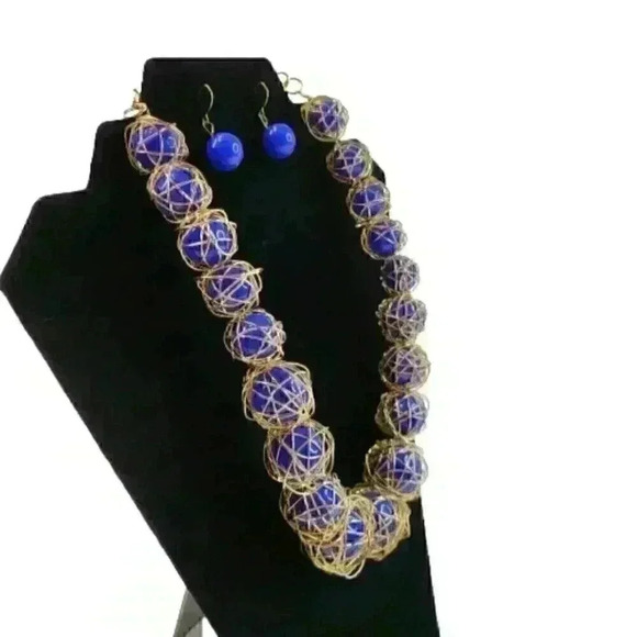 Handmade adjustable necklace and earring set in art wire Color Blue - Picture 2 of 10